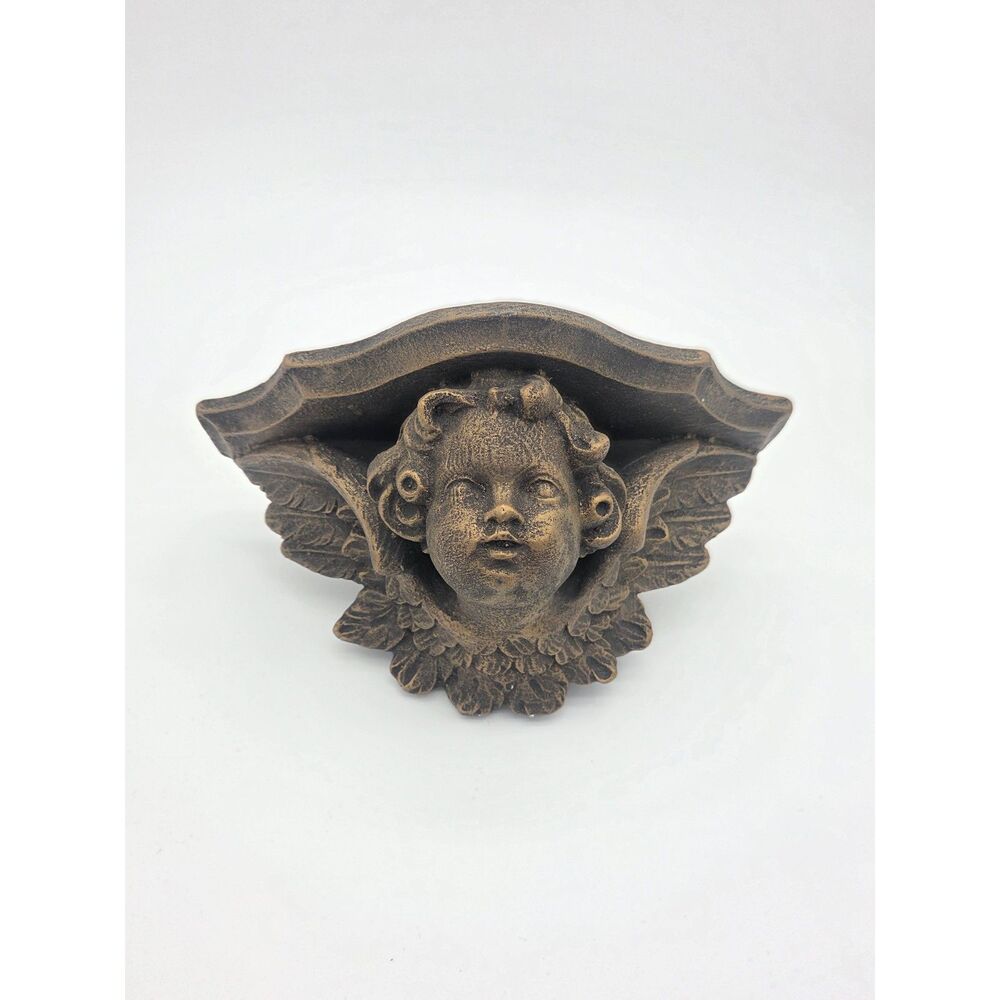Vintage Cherub Face Angel Wall Sconce Bracket Shelf Bronze Tone Resin